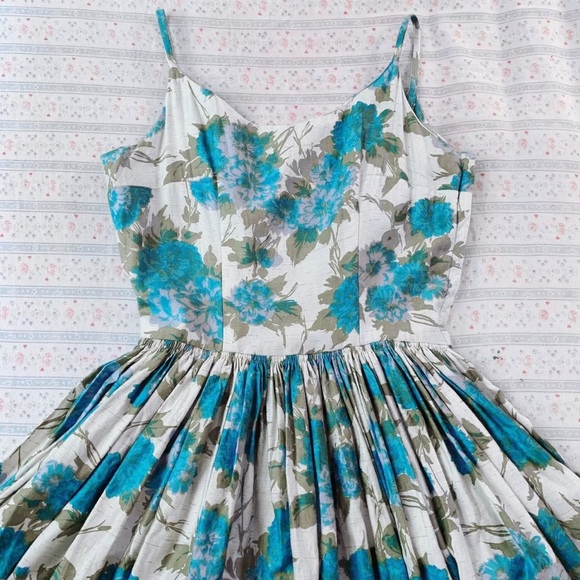 Vintage 1950s Blue and White Floral Dress - Picture 1 of 3